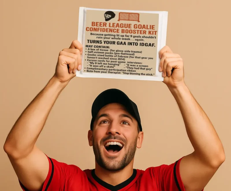 Excited dad holding a funny goalie-themed prank label, celebrating with both hands up.
