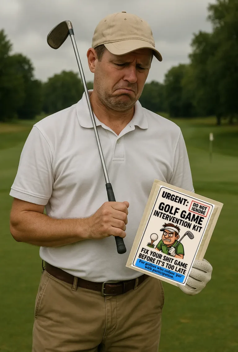 Man holding the Golf Game Intervention Kit prank label — funny fake golf gift from TheOneAndOnly.ca