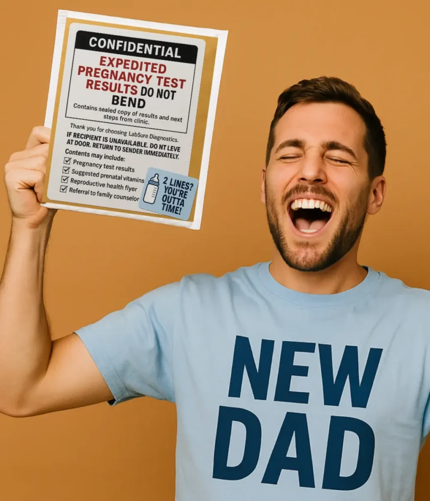 Excited man holding a funny pregnancy prank label, Happy Pregnant Dad reaction photo.