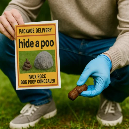 Hide-A-Poo prank delivery label – funny fake shipping sticker for pet owners and prank lovers from TheOneAndOnly.ca