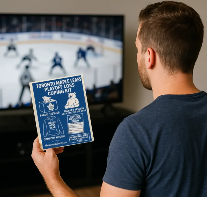 Man holding a fake Toronto hockey prank label, funny Hockey Dad reaction photo.