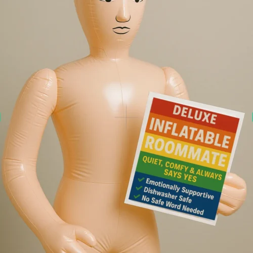 Inflatable Roommate prank product being held by a mannequin — hilarious fake roommate gag from TheOneAndOnly.ca