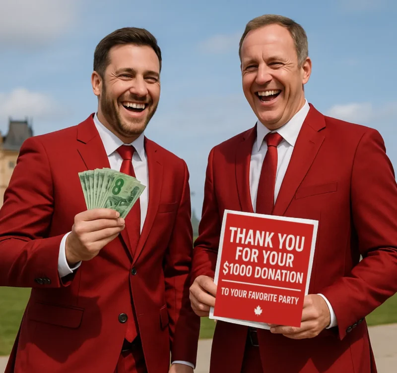 Parody prank label showing a fake Liberal political donation confirmation for a gag gift