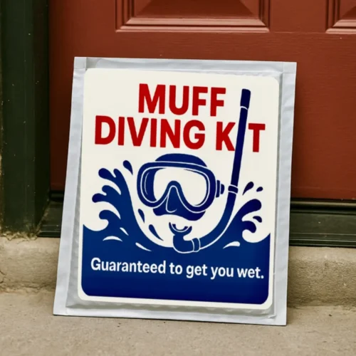 Funny “Muff Diving Kit” gag product label. Hilarious fake diving kit prank gift from TheOneAndOnly.ca, Canada’s top prank mail and gag gift shop.