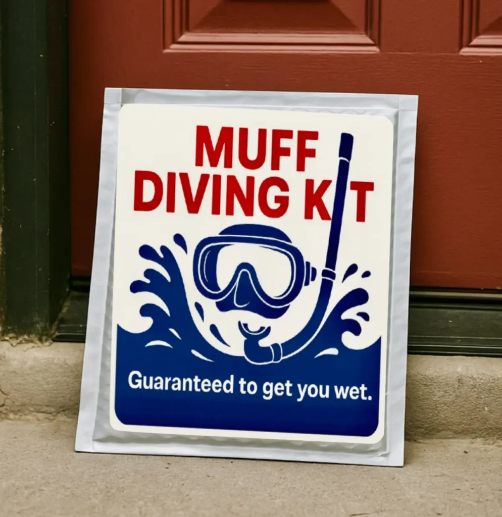Funny “Muff Diving Kit” gag product label — hilarious fake diving kit prank gift from TheOneAndOnly.ca, Canada’s top prank mail and gag gift shop.