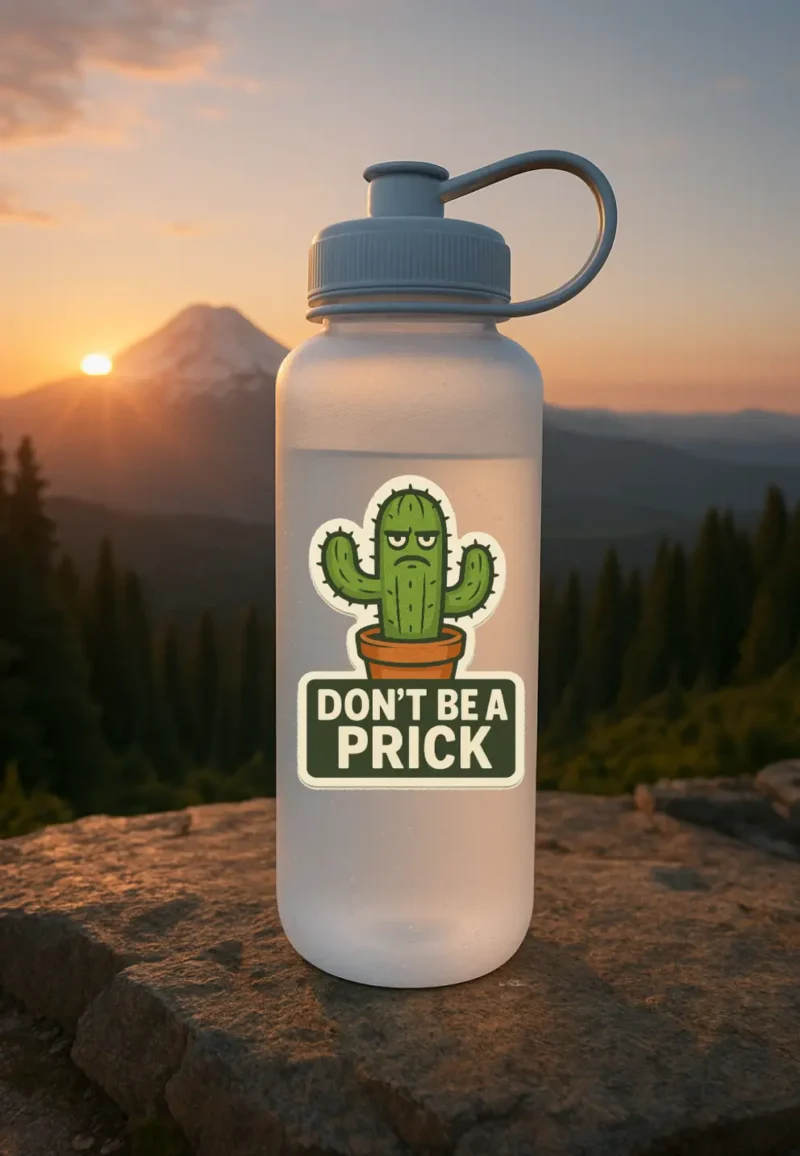 Water bottle printed with a cactus and the phrase “Don’t Be a Prick” — funny novelty bottle from TheOneAndOnly.ca