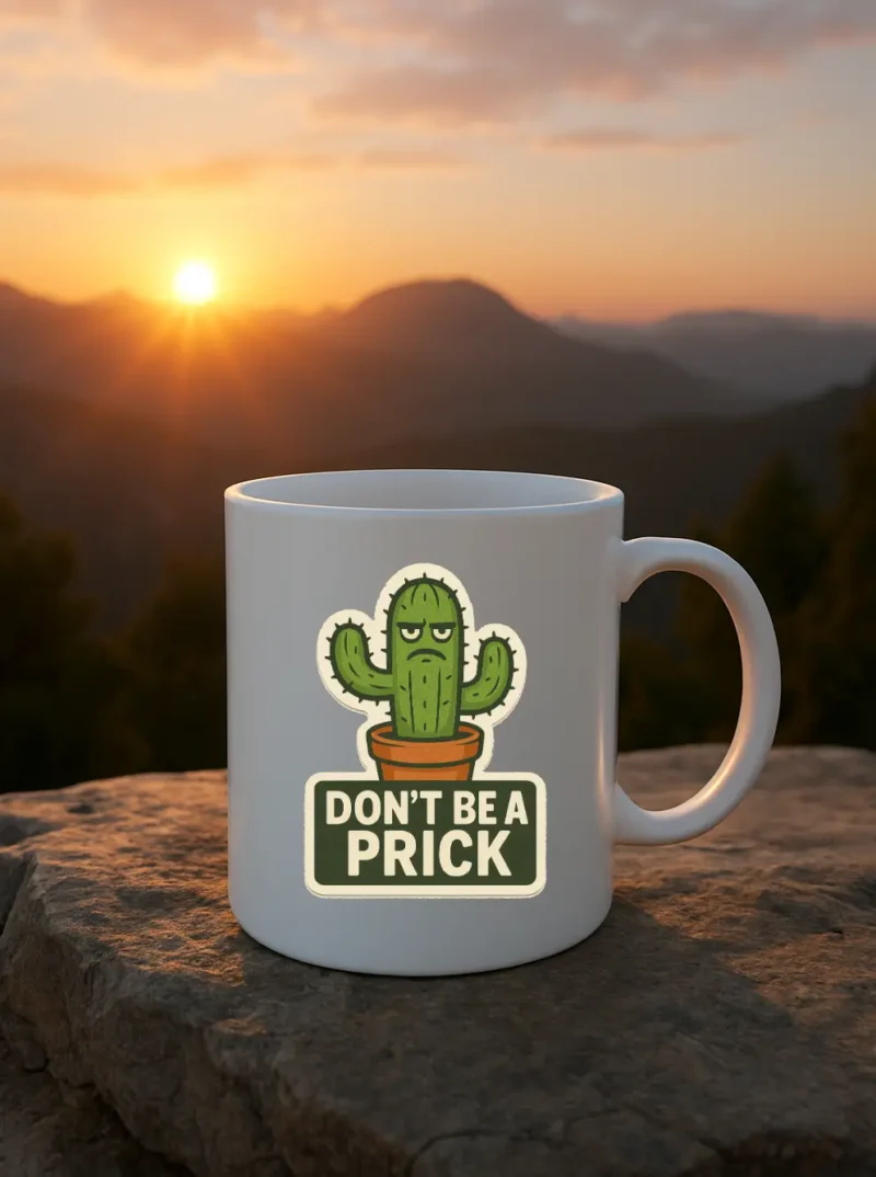 Coffee mug printed with a cactus and the phrase “Don’t Be a Prick” — funny novelty mug from TheOneAndOnly.ca