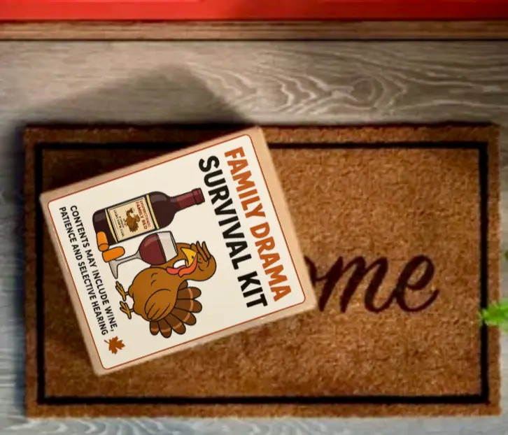 Thanksgiving Family Drama Survival Kit parody label