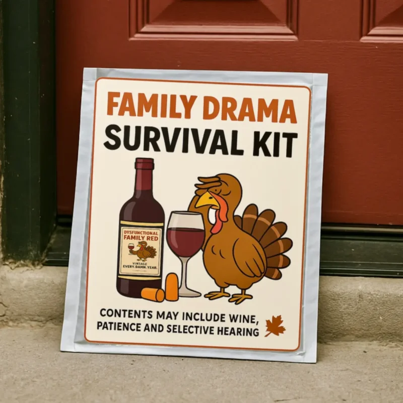 Thanksgiving Family Drama Survival Kit parody label