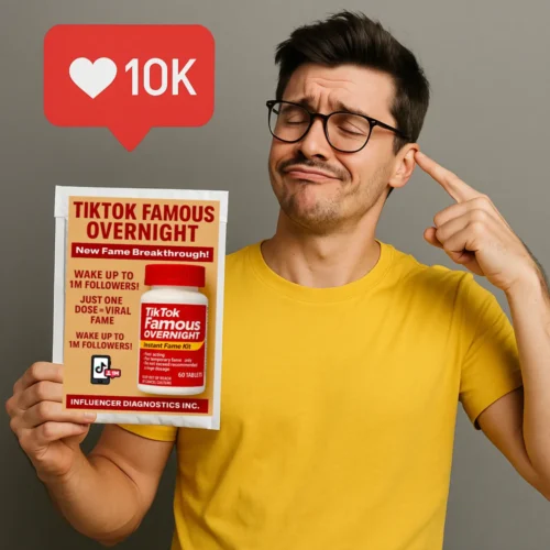 Man holding TikTok Famous Overnight prank label – funny influencer parody product by TheOneAndOnly.ca
