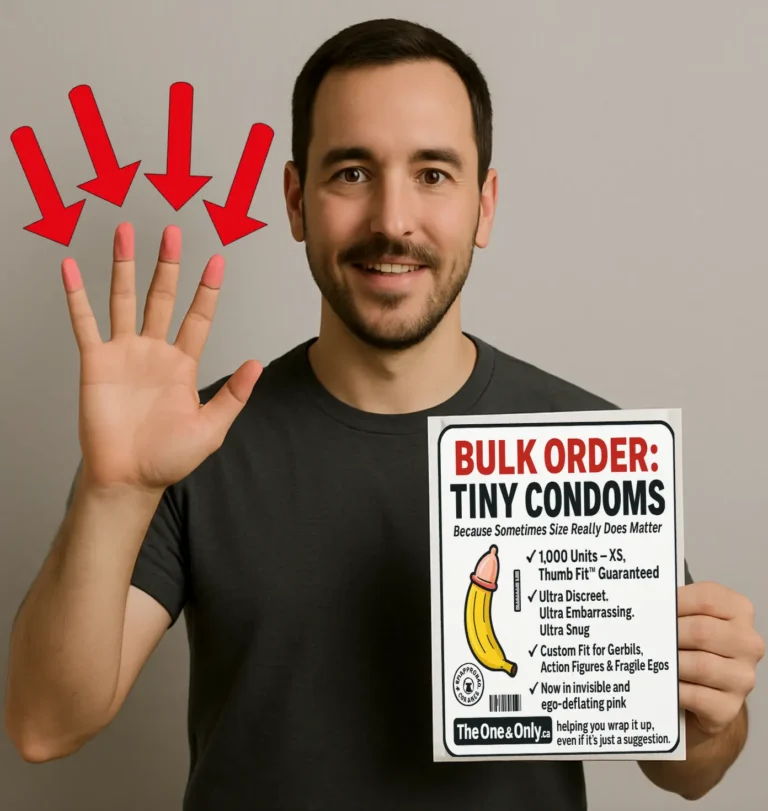 Man holding the Tiny Condoms prank label with his hand raised — funny adult-themed gag gift from TheOneAndOnly.ca