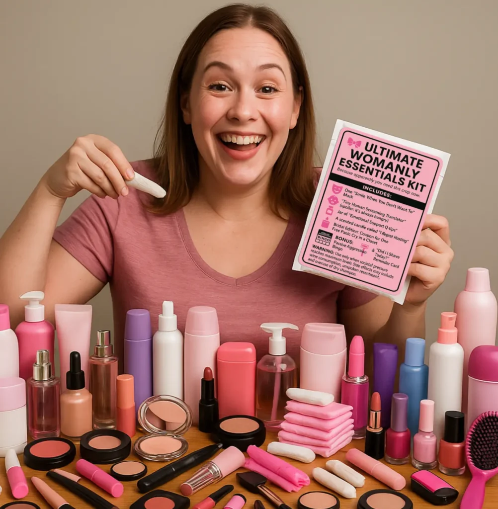Ultimate Womanly Essentials Kit prank, funny fake product label, gag gift mail Canada, theoneandonly.ca