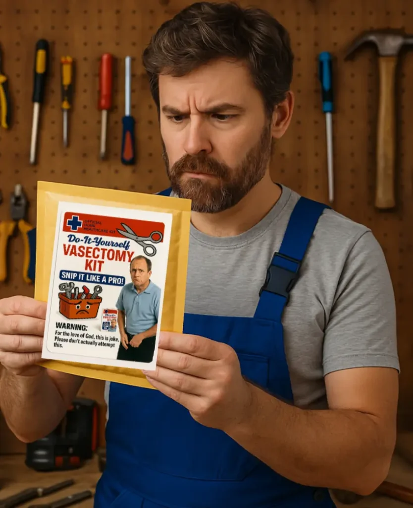 Vasectomy Dad prank label.  Hilarious fake DIY kit for men, parody gift from TheOneAndOnly.ca