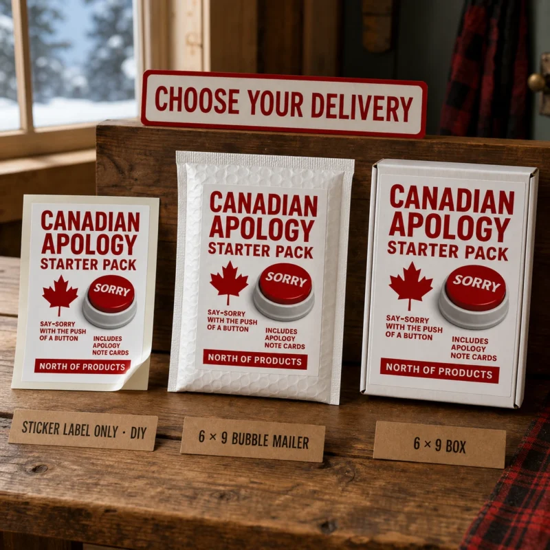 Canadian Apology Starter Pack prank displayed as a DIY sticker label, a 6 × 9 bubble mailer and a 6 × 9 mailing box in a cozy Canadian setting.
