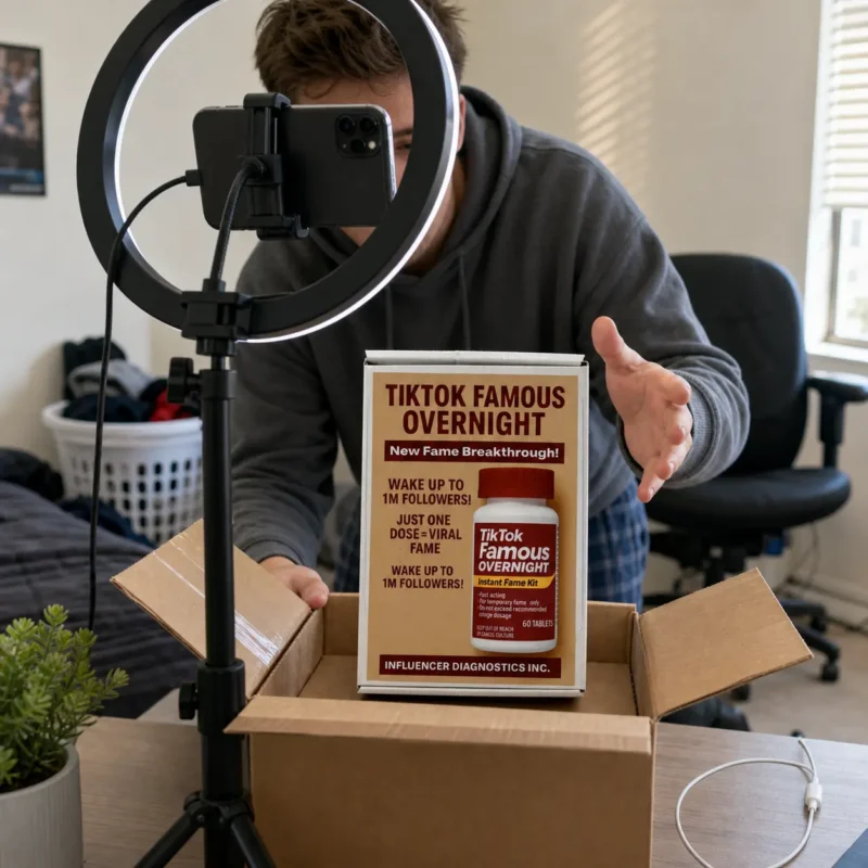 An aspiring content creator films an unboxing of the TikTok Famous Overnight novelty product using a phone and ring light