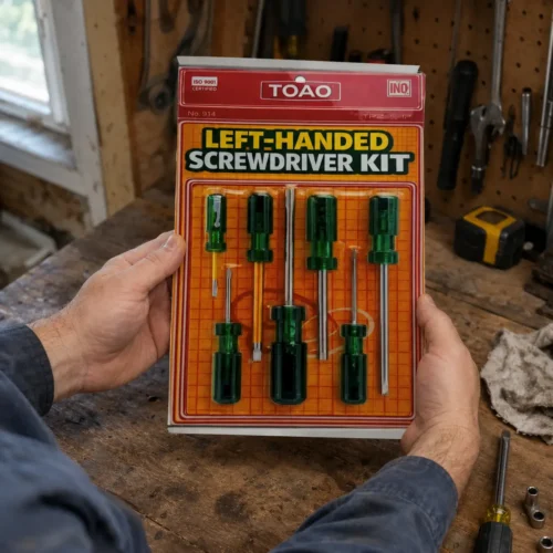 Person holding a Left Handed Screwdriver Kit prank package at a garage workbench