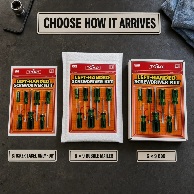 Left-Handed Screwdriver Kit Delivery Options Left-Handed Screwdriver Kit prank shown as a DIY sticker, on a 6 × 9 bubble mailer and on a 6 × 9 box.