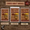 Maple Syrup Urine Test Kit prank shown as a DIY sticker, on a 6 × 9 bubble mailer and on a matching 6 × 9 box.