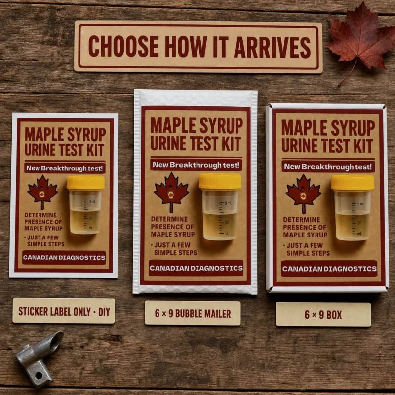 Maple Syrup Urine Test Kit prank shown as a DIY sticker, on a 6 × 9 bubble mailer and on a matching 6 × 9 box.