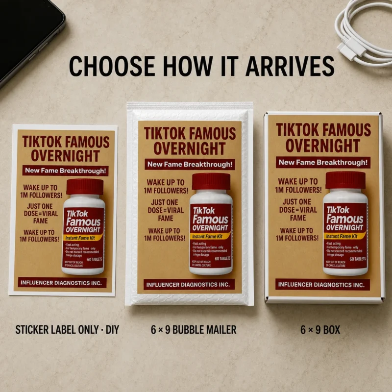 TikTok Famous Overnight prank shown as a DIY label, 6 × 9 bubble mailer and 6 × 9 box