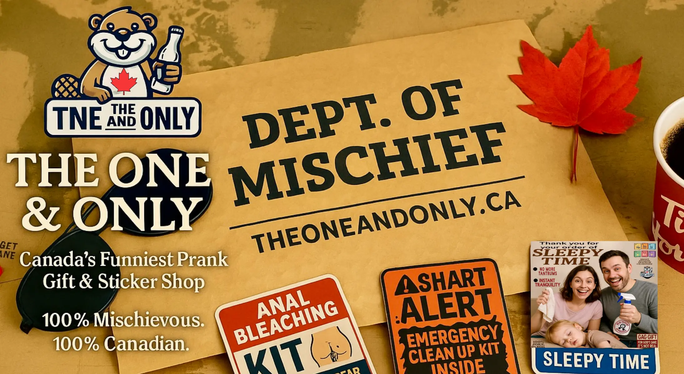 The One & Only — Dept. of Mischief holiday banner with maple leaf and prank kit