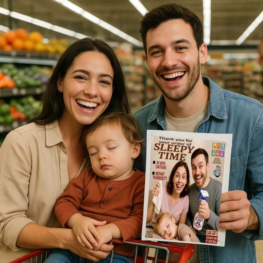 Happy couple at grocery store holding prank product called “Sleepy Time” with their toddler asleep in arms – funny gag gift photo from TheOneAndOnly.ca