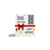 $100 Birthday Gift Card with balloons, confetti, QR code and red ribbon on a white background
