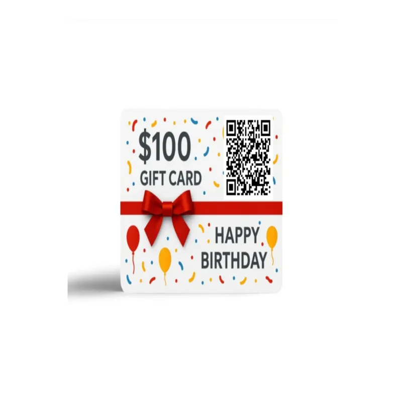 $100 Birthday Gift Card with balloons, confetti, QR code and red ribbon on a white background
