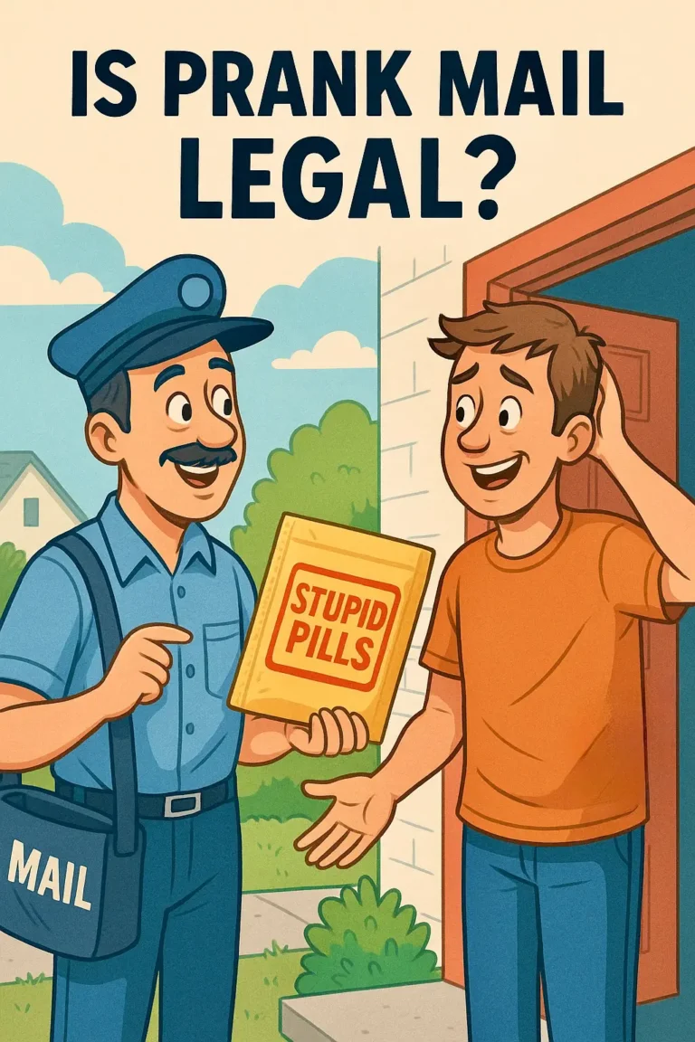 Prank Mail Legality. Cartoon mailman delivering a Stupid Pills prank package to a surprised man with the title “Is Prank Mail Legal?”