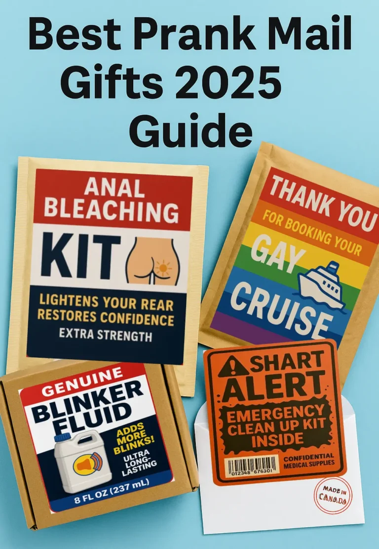 Best prank mail gifts 2025 guide featuring funny gag mail labels like Anal Bleaching Kit, Blinker Fluid, Gay Cruise Booking, and Shart Alert. TheOneAndOnly.ca prank packages for Canada and USA.