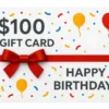 $100 Birthday Gift Card with balloons, confetti, QR code and red ribbon on a white background