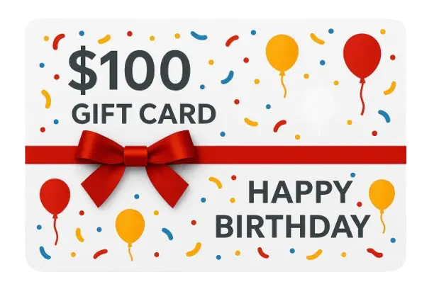 $100 Birthday Gift Card with balloons, confetti, QR code and red ribbon on a white background