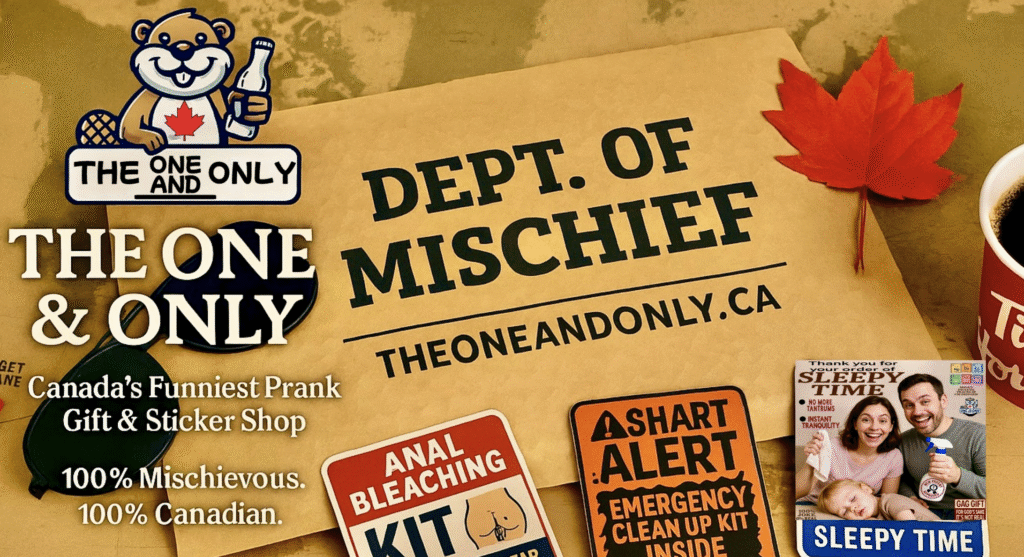 TheOneAndOnly.ca Dept. of Mischief banner featuring Canadian maple leaf, prank mail labels, and mascot promoting anonymous prank gifts across Canada and the USA.