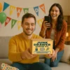 Couple holding a package with a Junk Drawer Starter Kit prank label