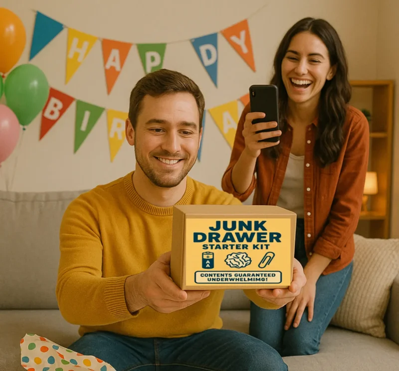Couple holding a package with a Junk Drawer Starter Kit prank label