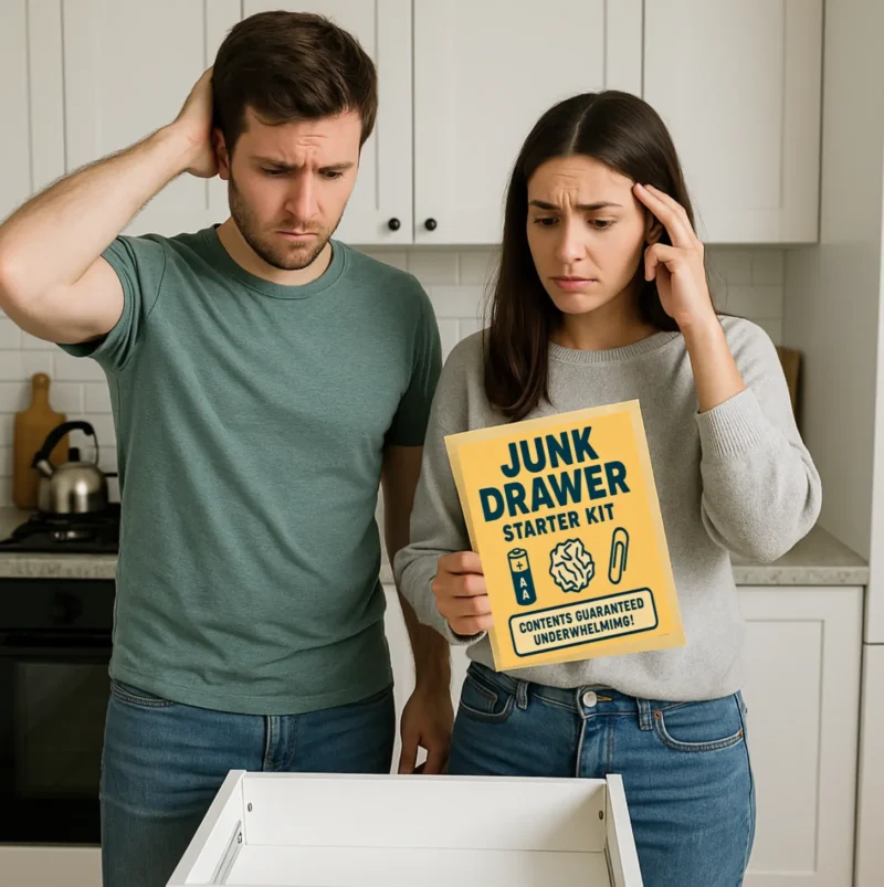 Man holding a Junk Drawer Starter Kit prank label