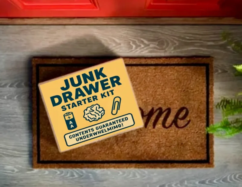 Junk Drawer Starter Kit prank label on a cardboard shipping box