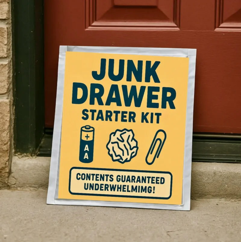 Junk Drawer Starter Kit prank label on a bubble mailer