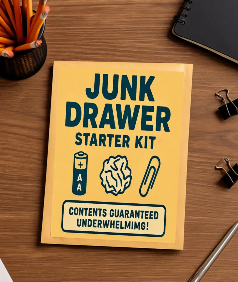 Junk Drawer Starter Kit prank label on a bubble mailer envelope