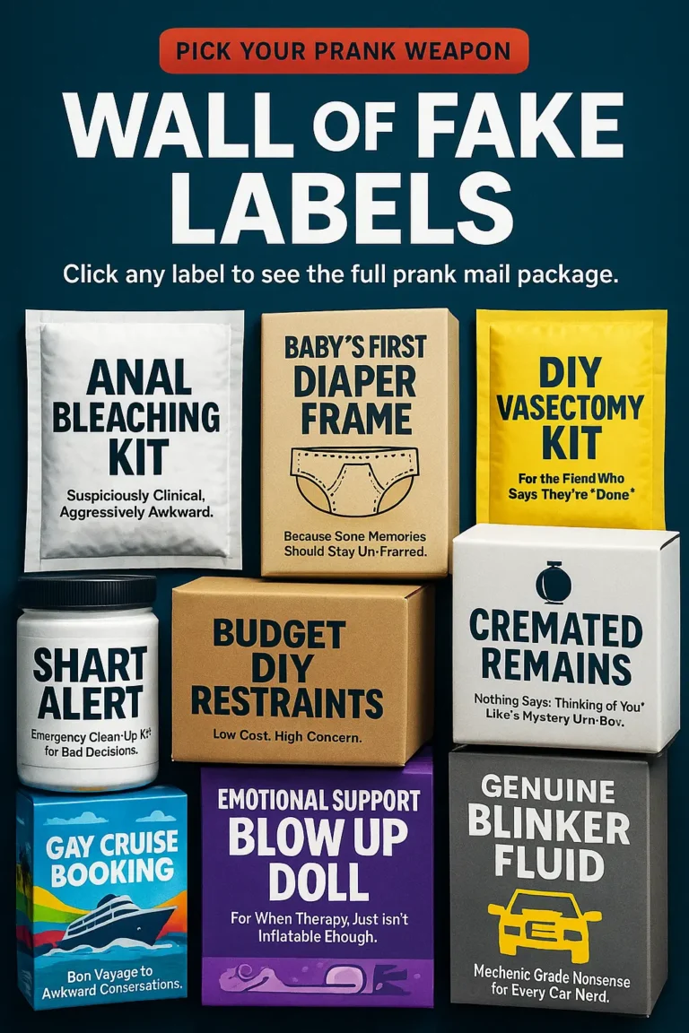 Collage of TheOneAndOnly.ca prank mail labels including Anal Bleaching Kit, Baby’s First Diaper Frame, DIY Vasectomy Kit, Shart Alert, Budget DIY Restraints, Cremated Remains, Emotional Support Blow Up Doll, Genuine Blinker Fluid and Gay Cruise Booking. Humorous fake product labels for anonymous prank mail in Canada and the USA.