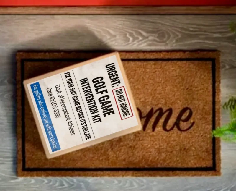 Golf Game Intervention Kit prank label on a realistic shipping package, a fake performance review gift for golfers who take the game too seriously