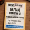 Golf Game Intervention Kit prank label on a realistic shipping package, a fake performance review gift for golfers who take the game too seriously