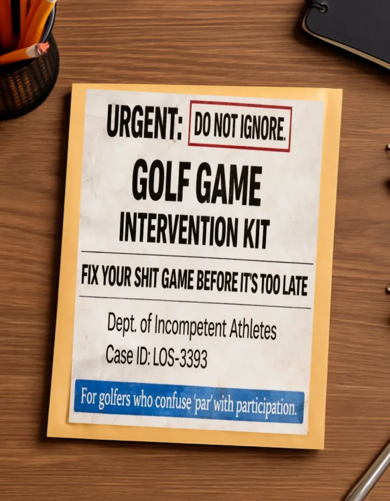 Golf Game Intervention Kit prank label on a realistic shipping package, a fake performance review gift for golfers who take the game too seriously