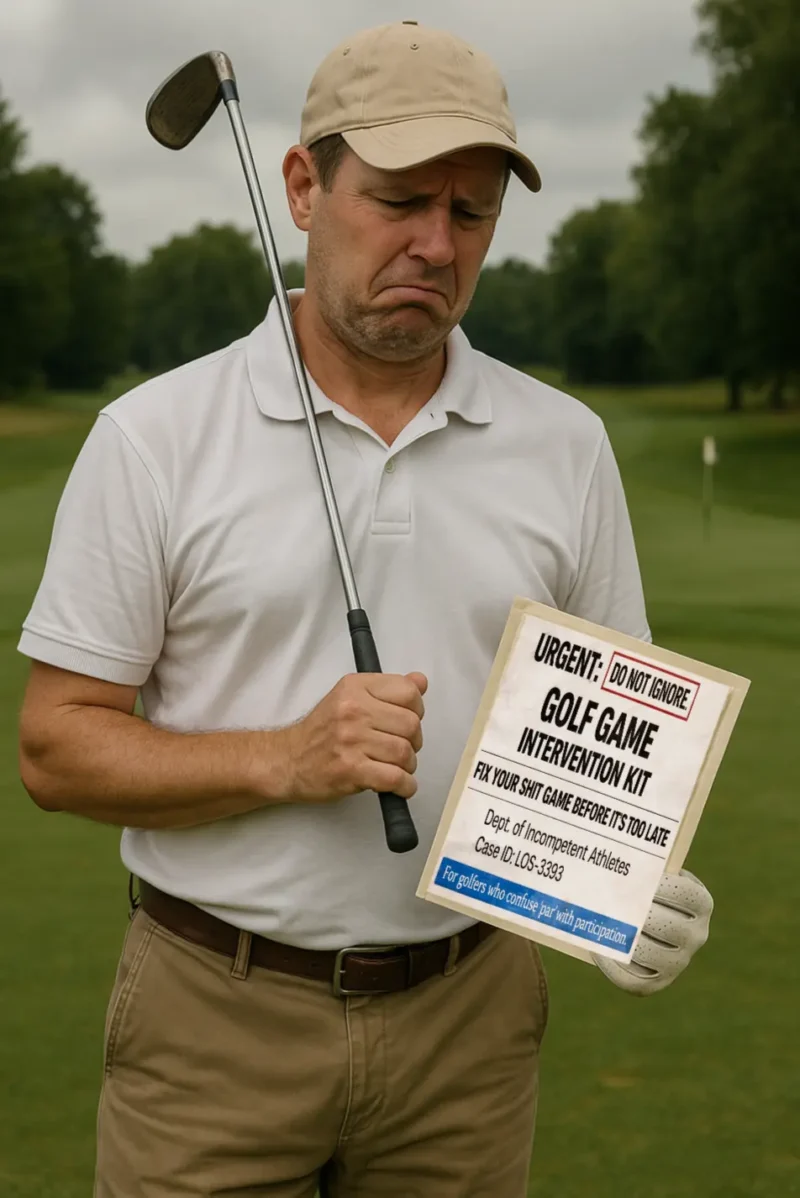Golf Game Intervention Kit prank label on a realistic shipping package, a fake performance review gift for golfers who take the game too seriously