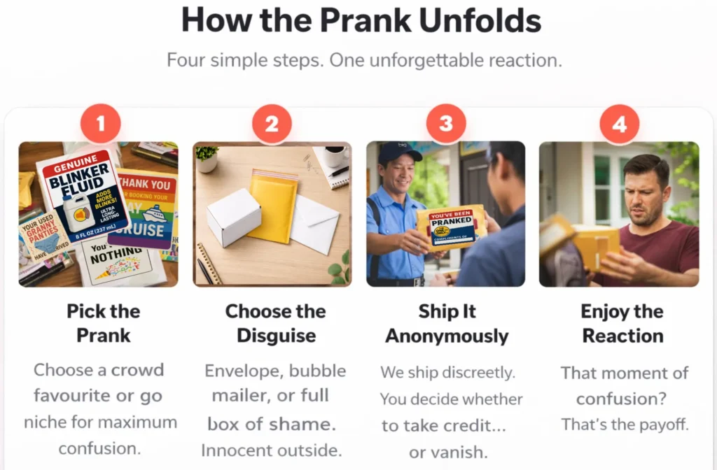 Four-step diagram showing how prank mail is selected, packaged discreetly, shipped anonymously, and received for a reaction