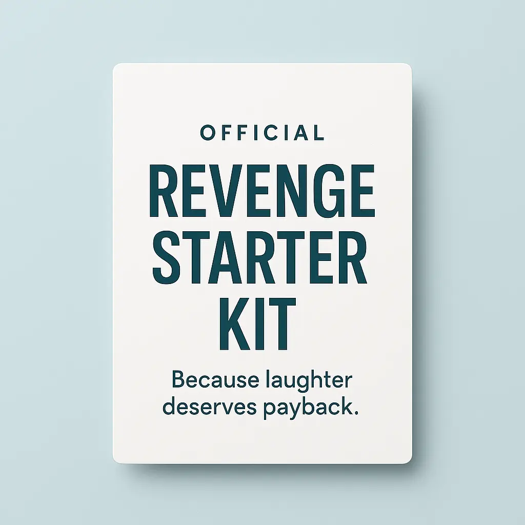 Official Revenge Starter Kit card on a clean light blue background, premium minimalist design for prank mail add-on.