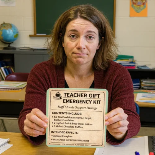 Teacher holding a novelty “Teacher Gift Emergency Kit” prank label in a classroom setting
