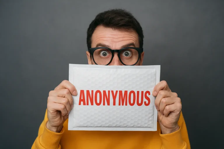 Anonymous prank mail delivery concept showing a man holding a sign that reads “Anonymous” for a guide comparing the top 10 prank mail websites