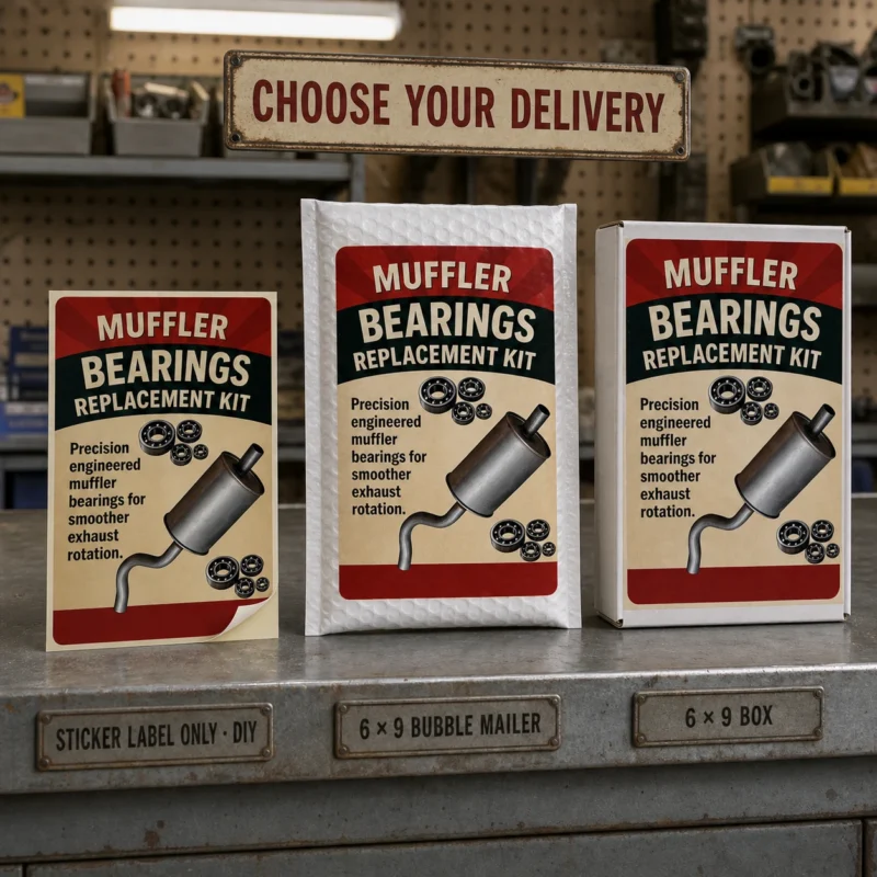 Muffler Bearings Replacement Kit prank displayed as a DIY sticker label, a 6 × 9 bubble mailer and a 6 × 9 mailing box on a vintage auto parts counter.
