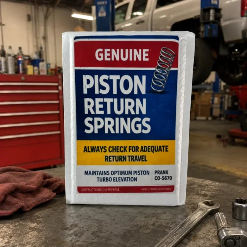 Piston Return Springs prank package displayed in a mechanic shop